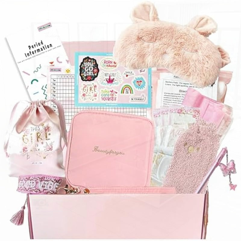 First Period kit for Girls 22 PC Period Packs for Young Girls First Time First Period Gift for Teen Girls with Sanitary Pad Storage Bag Wipes Bracelet Eye Mask Socks and More
